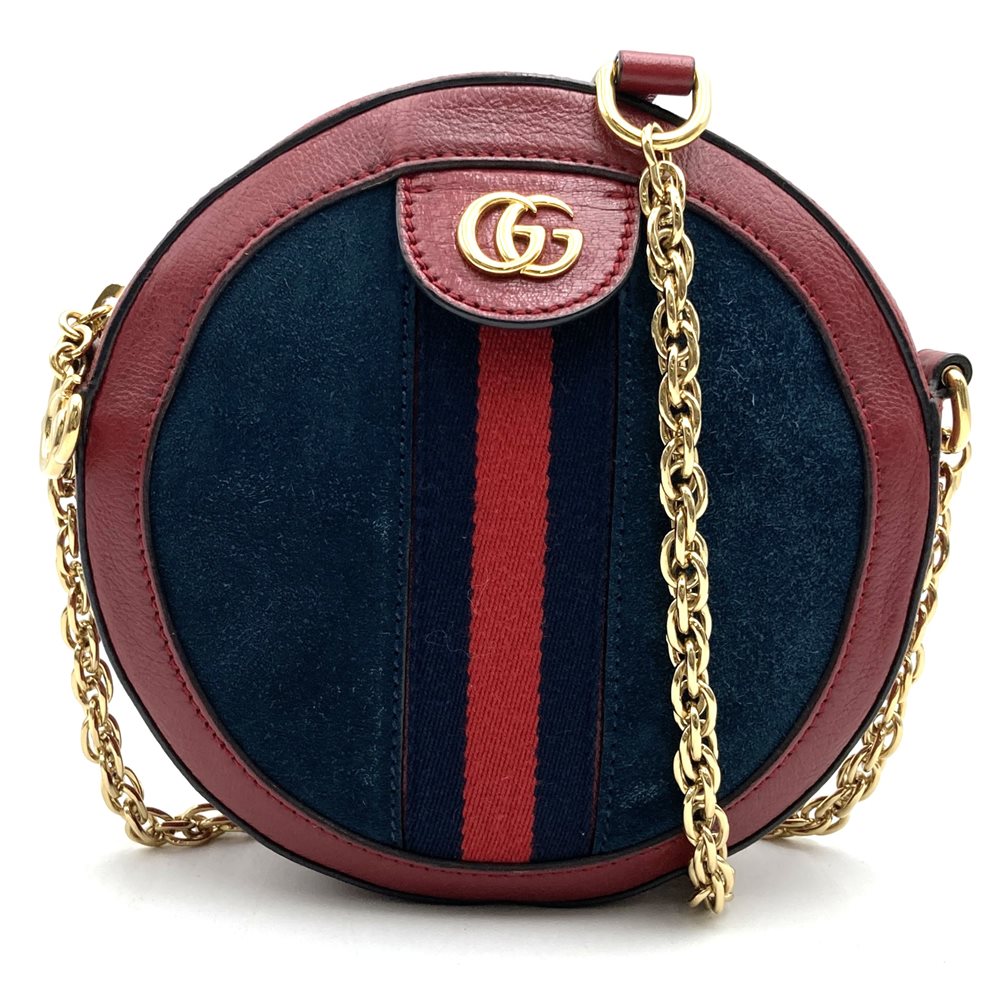 GUCCI GG Marmont Sherry Line Mini Round Ophidia Shoulder Bag 550618 Suede/Leather Red Navy Women's