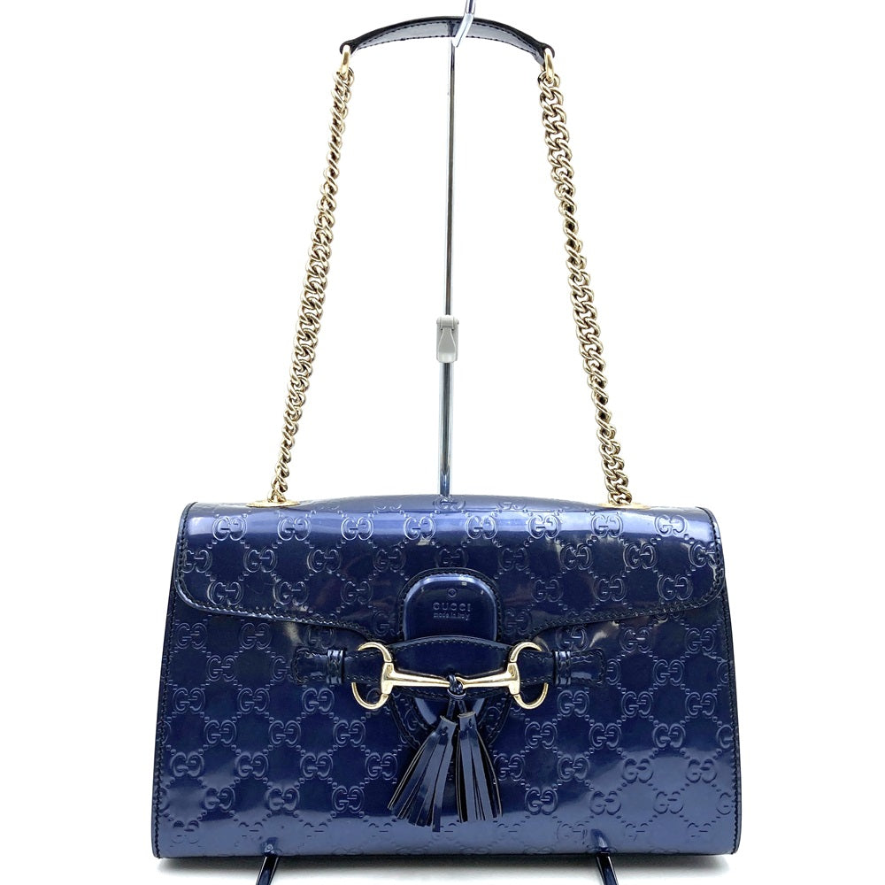 GUCCI 295402 GG Shoulder Bag, Horsebit design, Navy Blue, Patent Enamel, Women's, Brand New PRE-OWNED