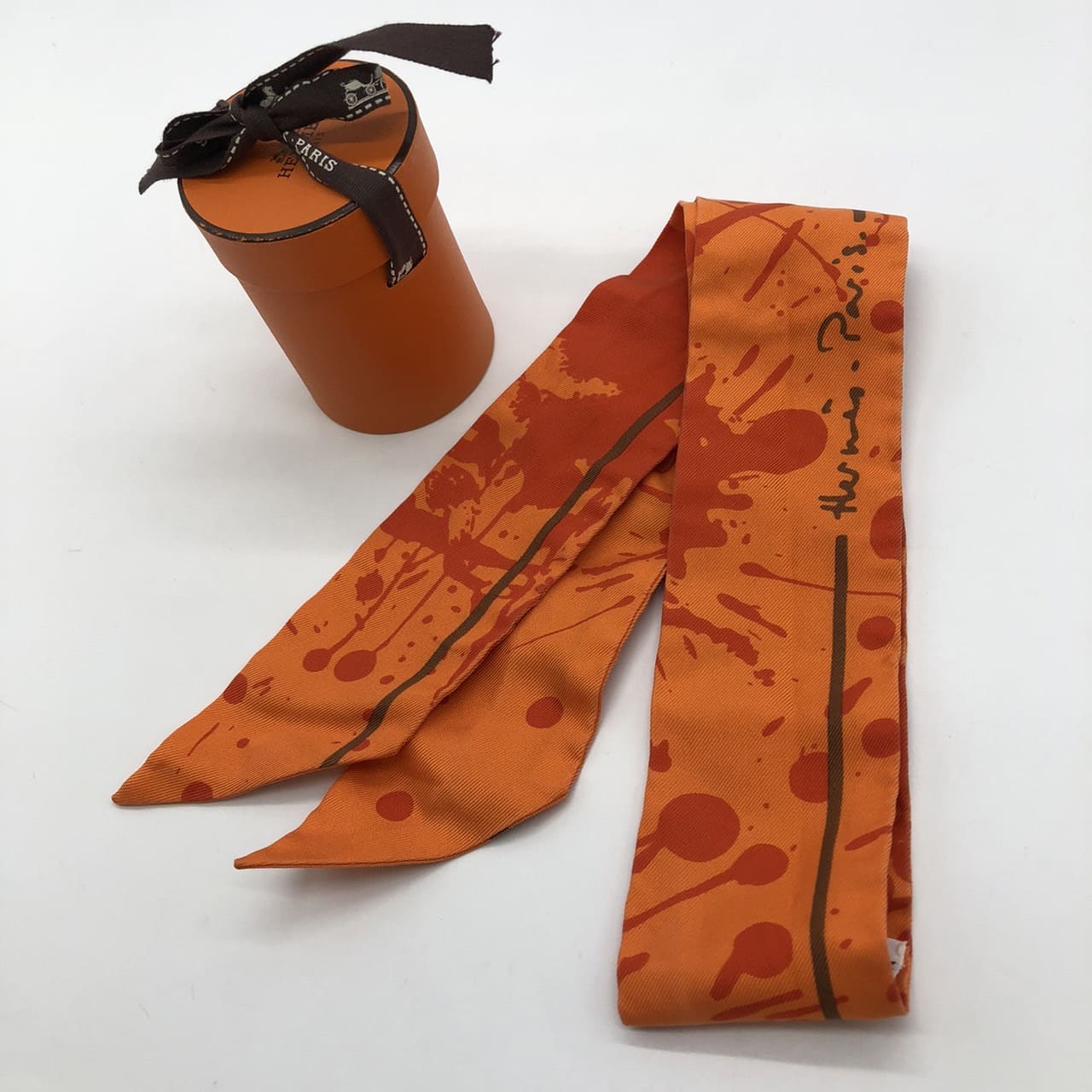 HERMES Twilly Bolduc Ribbon Paint Silk Scarf, Orange, Women's Fashion Brand, USED