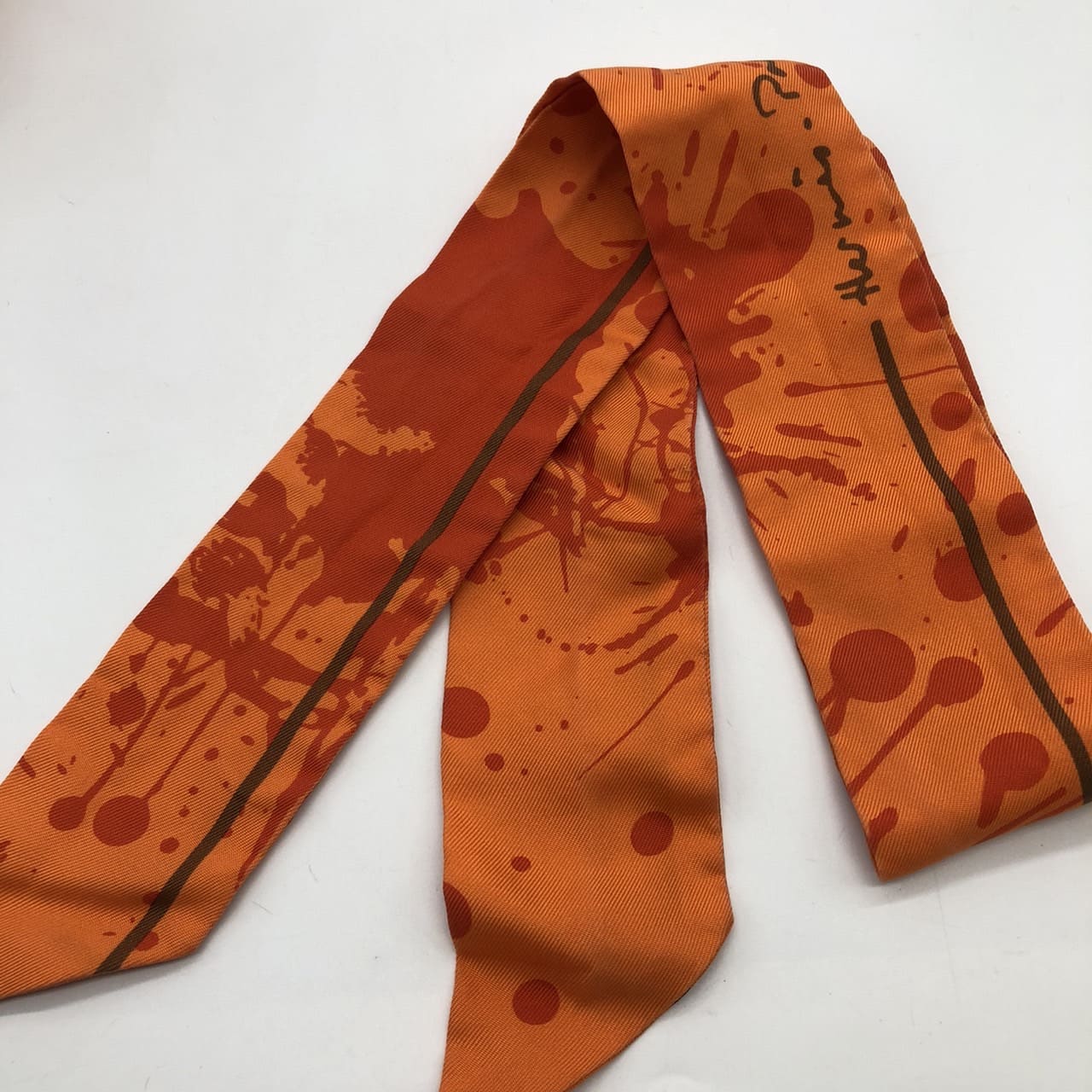 HERMES Twilly Bolduc Ribbon Paint Silk Scarf, Orange, Women's Fashion Brand, USED
