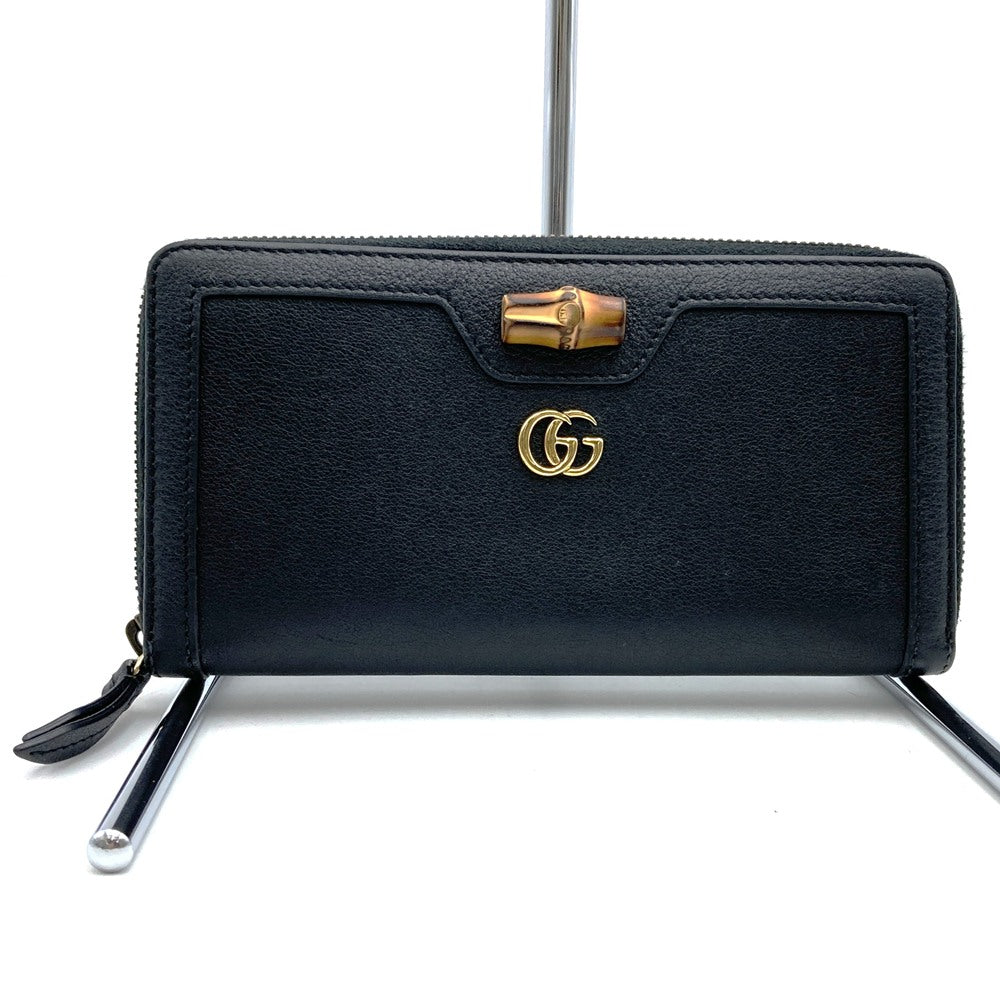 GUCCI 658634 Bamboo Double G Round Zip Leather Long Wallet, Black PRE-OWNED