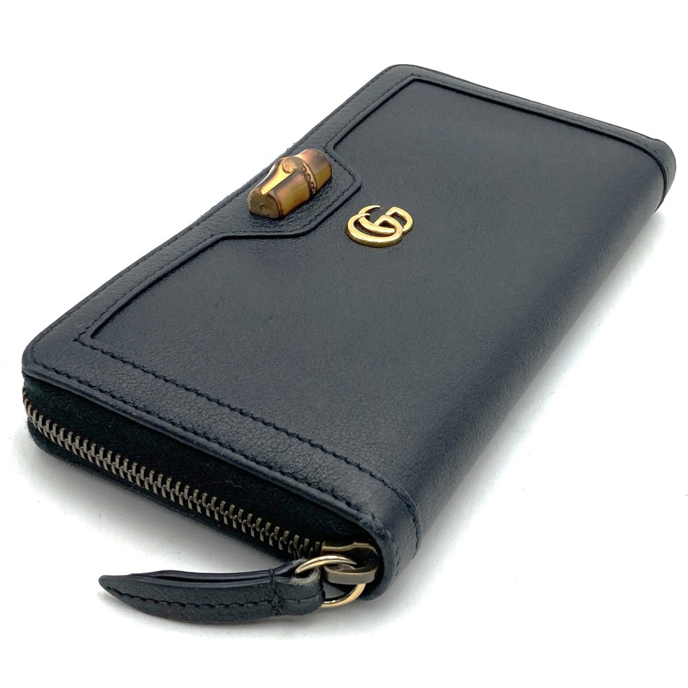 GUCCI 658634 Bamboo Double G Round Zip Leather Long Wallet, Black