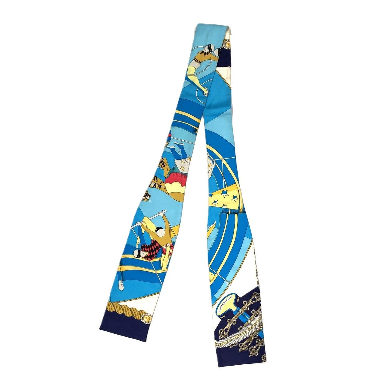 HERMES Twilly Scarf, Circus Design, Silk, Blue, Women's Fashion Brand, USED