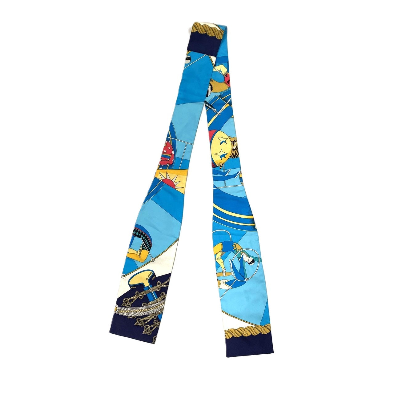 HERMES Twilly Scarf, Circus Design, Silk, Blue, Women's Fashion Brand, USED