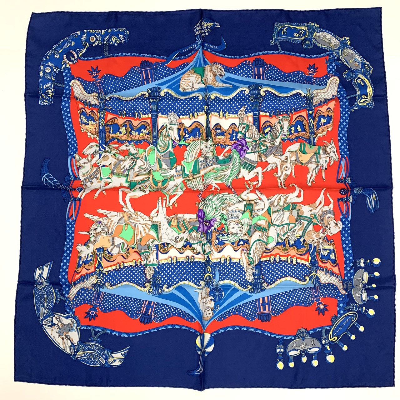 HERMES Carre TOURNEZ MANEGE Scarf, Silk, Blue, Women's Fashion Accessory, Merry-go-round Animal Design