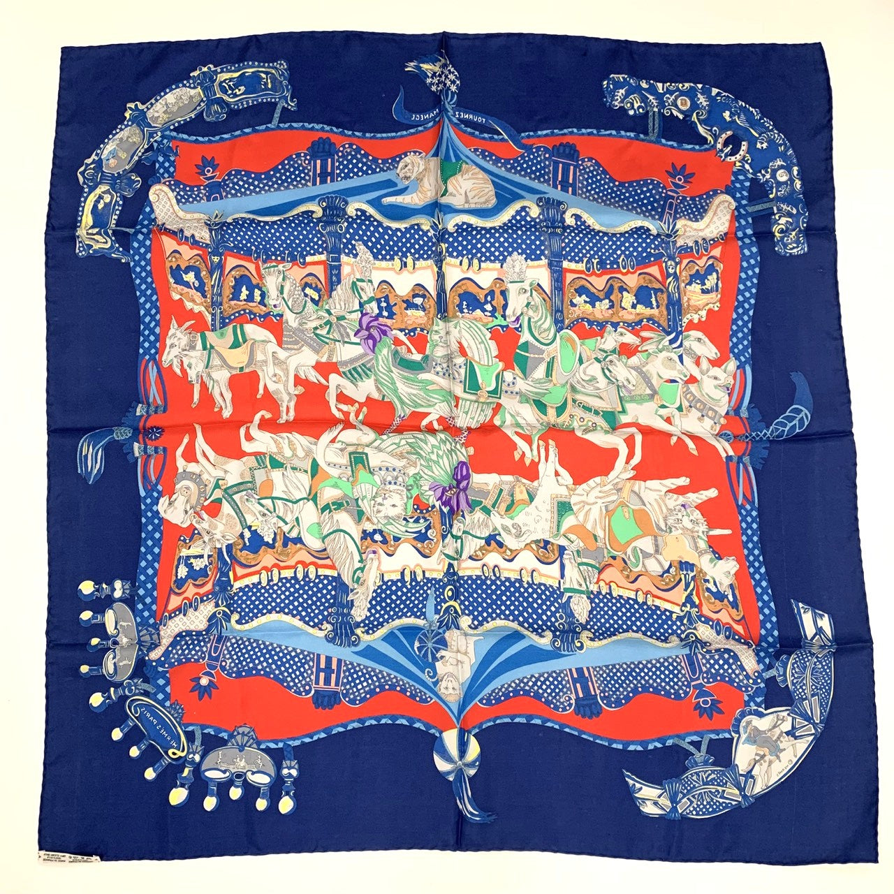 HERMES Carre TOURNEZ MANEGE Scarf, Silk, Blue, Women's Fashion Accessory, Merry-go-round Animal Design