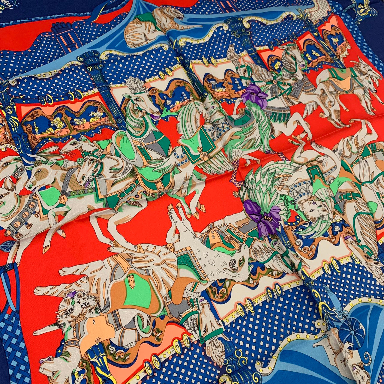 HERMES Carre TOURNEZ MANEGE Scarf, Silk, Blue, Women's Fashion Accessory, Merry-go-round Animal Design