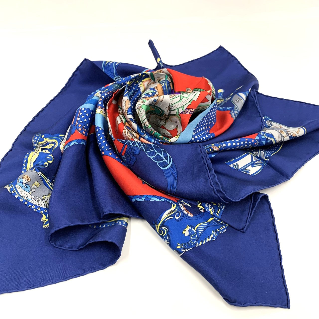 HERMES Carre TOURNEZ MANEGE Scarf, Silk, Blue, Women's Fashion Accessory, Merry-go-round Animal Design