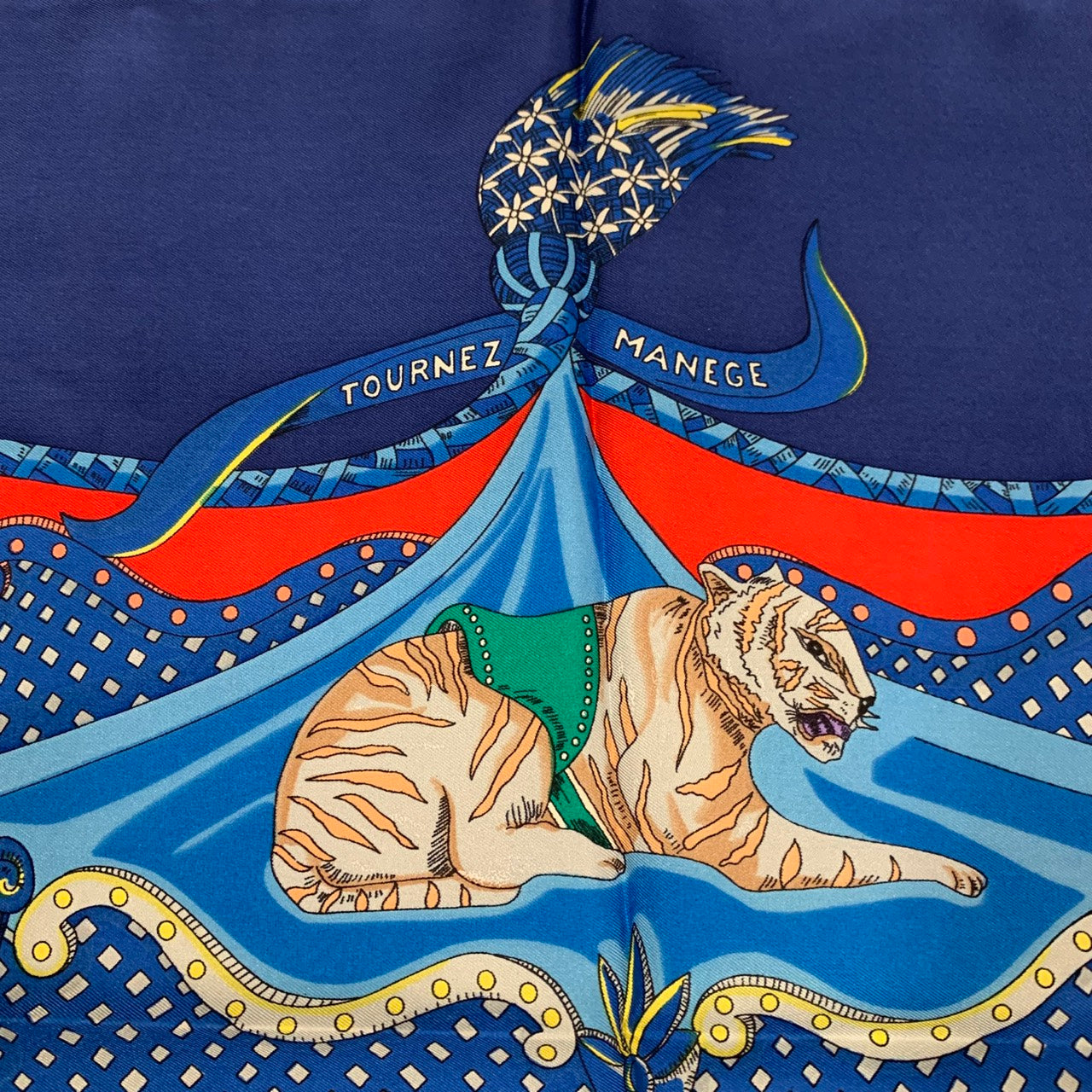 HERMES Carre TOURNEZ MANEGE Scarf, Silk, Blue, Women's Fashion Accessory, Merry-go-round Animal Design