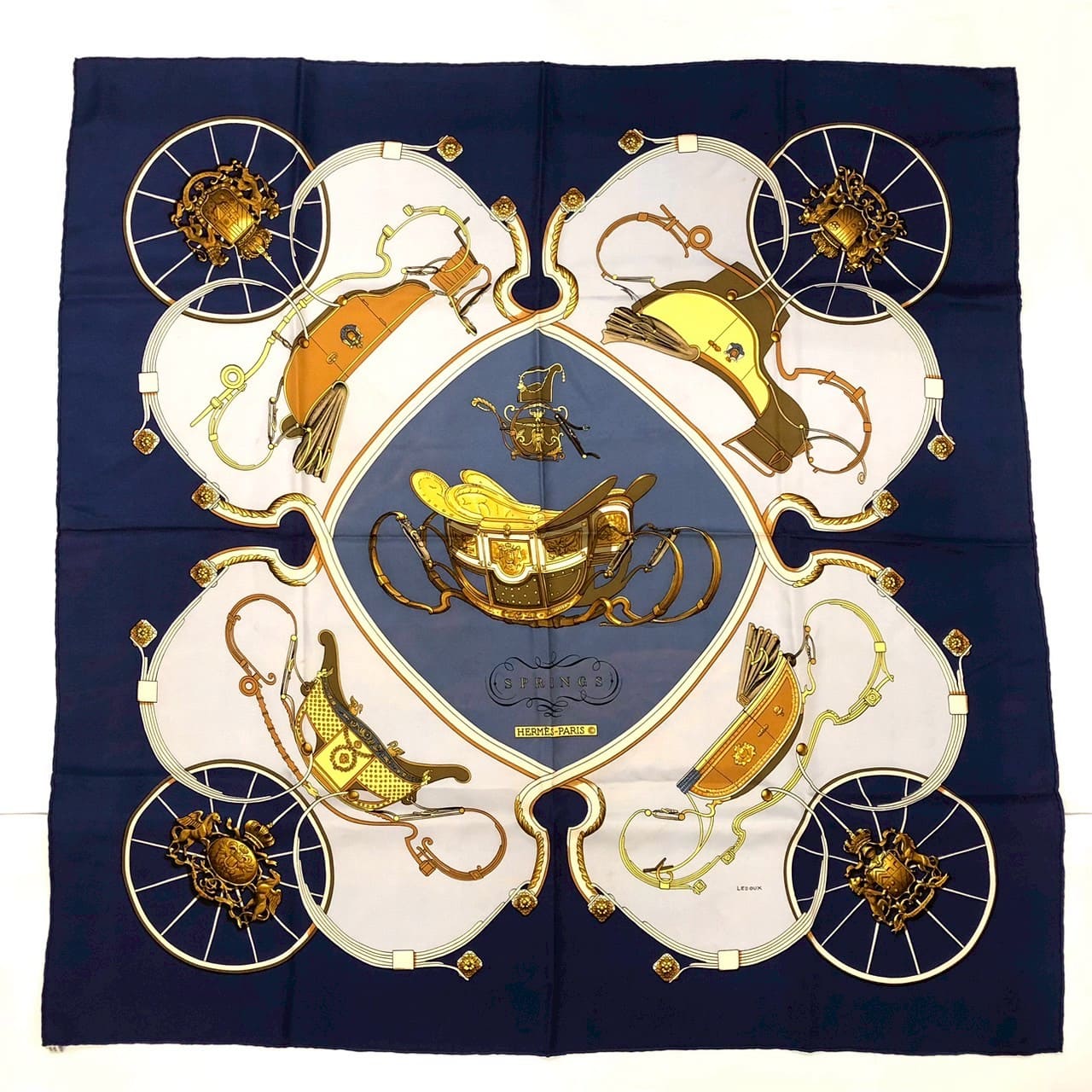 HERMES Carre 90 SPRINGS Scarf, Silk, Navy, Women's, Vintage