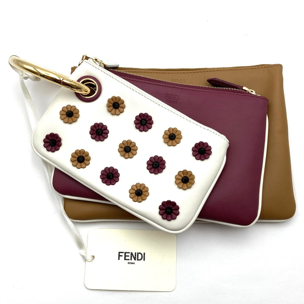 FENDI Triplet 8BS001A1FS 3-Pouch Leather Clutch Bag with Flowers in White/Red/Brown, Women's