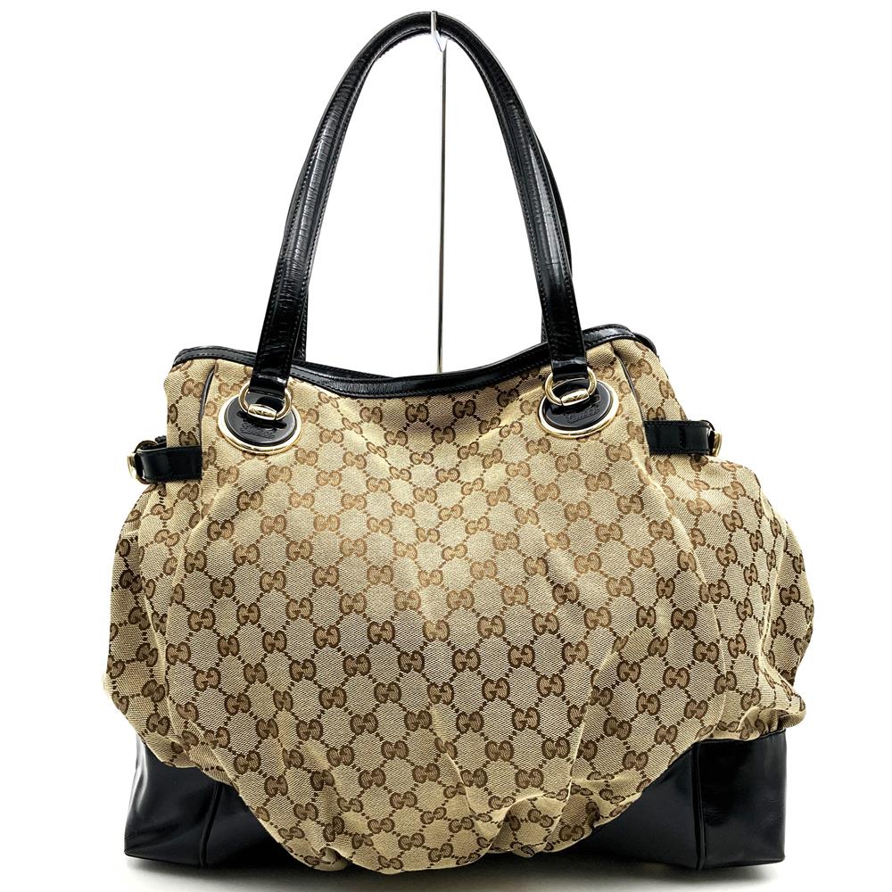 GUCCI 203528 Tote Bag Shoulder Bag GG Canvas Beige x Black Women's Men's Brand PRE-OWNED