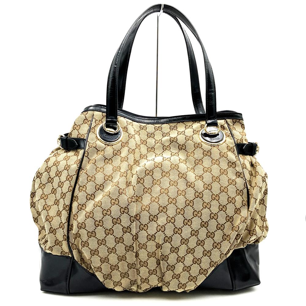 GUCCI 203528 Tote Bag Shoulder Bag GG Canvas Beige x Black Women's Men's Brand PRE-OWNED