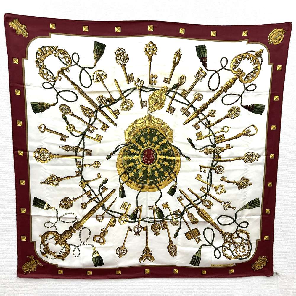 HERMES Carre 90 LES CLES THE KEYS RARE Key Scarf, Silk, Red, Women's/Men's, Vintage, Brand, USED, Gift