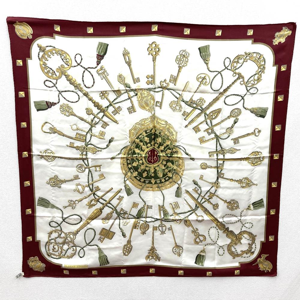 HERMES Carre 90 LES CLES THE KEYS RARE Key Scarf, Silk, Red, Women's/Men's, Vintage, Brand, USED, Gift