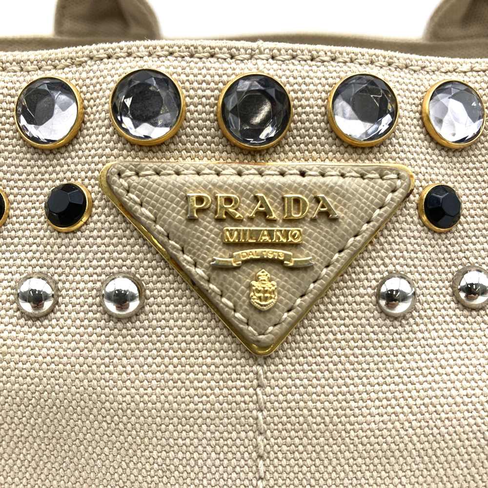 PRADA Prada Canapa Beaded Tote Bag Handbag Stud Canvas Beige Ivory Women's