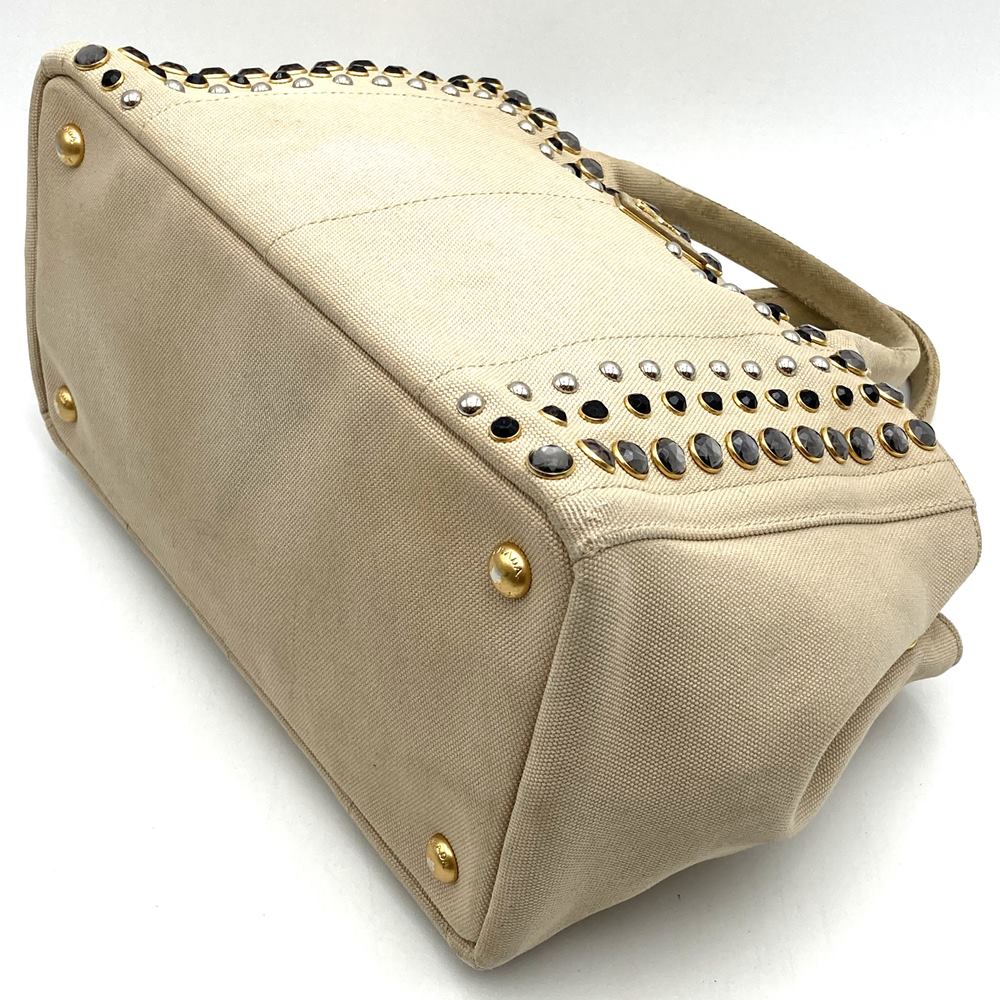 PRADA Prada Canapa Beaded Tote Bag Handbag Stud Canvas Beige Ivory Women's