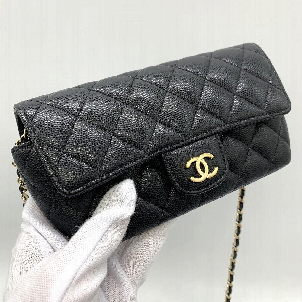 CHANEL Eyewear Case, Chain Shoulder Glasses & Sunglasses Case, Caviar Leather, Black, Gold Hardware, Women's Fashion