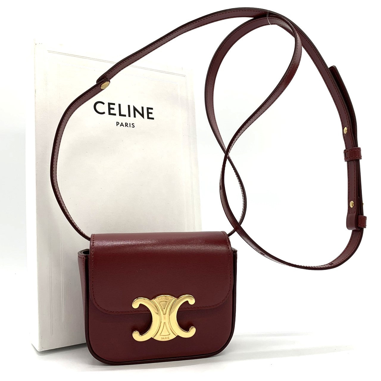 Excellent condition CELINE Mini Claude shoulder bag, mini shoulder bag, pochette, leather, red/burgundy, women's, used, gift.