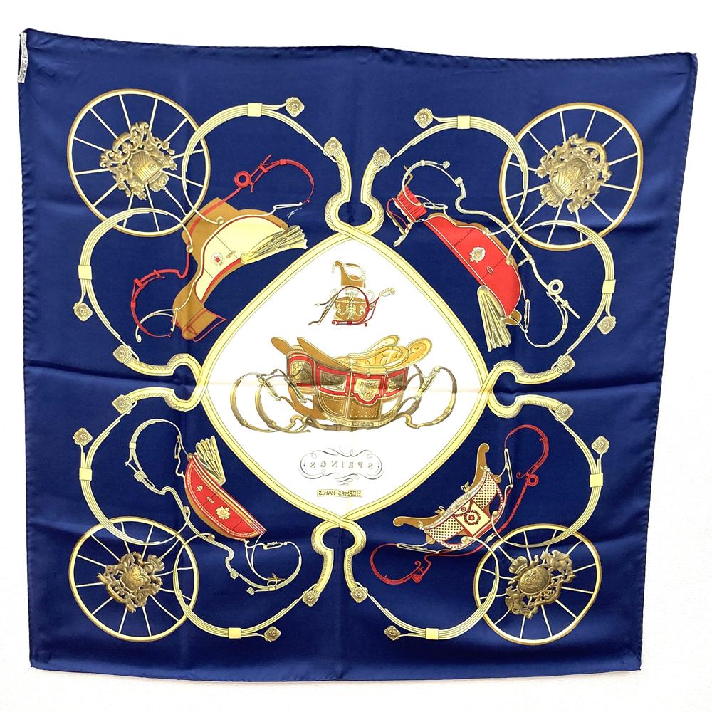 HERMES Carre 90 SPRINGS Scarf, Four-Wheeled Carriage, Silk, Navy, Women's Fashion Accessory