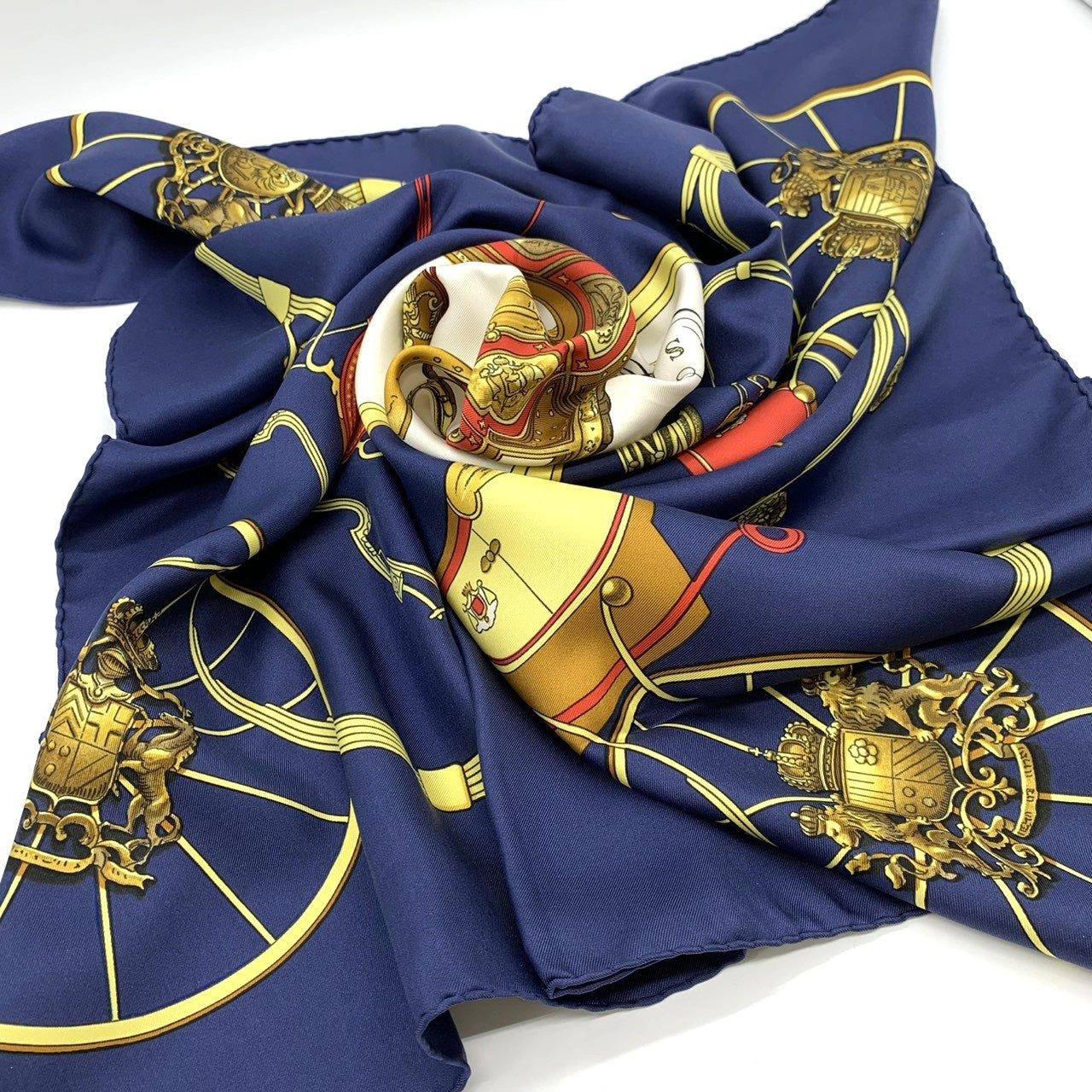 HERMES Carre 90 SPRINGS Scarf, Four-Wheeled Carriage, Silk, Navy, Women's Fashion Accessory