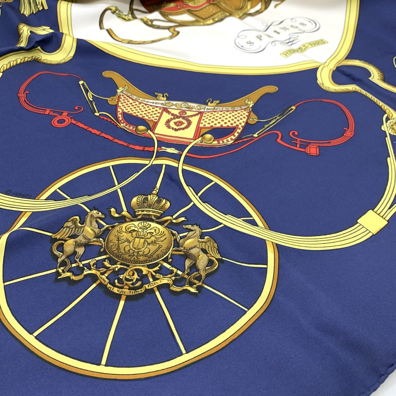 HERMES Carre 90 SPRINGS Scarf, Four-Wheeled Carriage, Silk, Navy, Women's Fashion Accessory