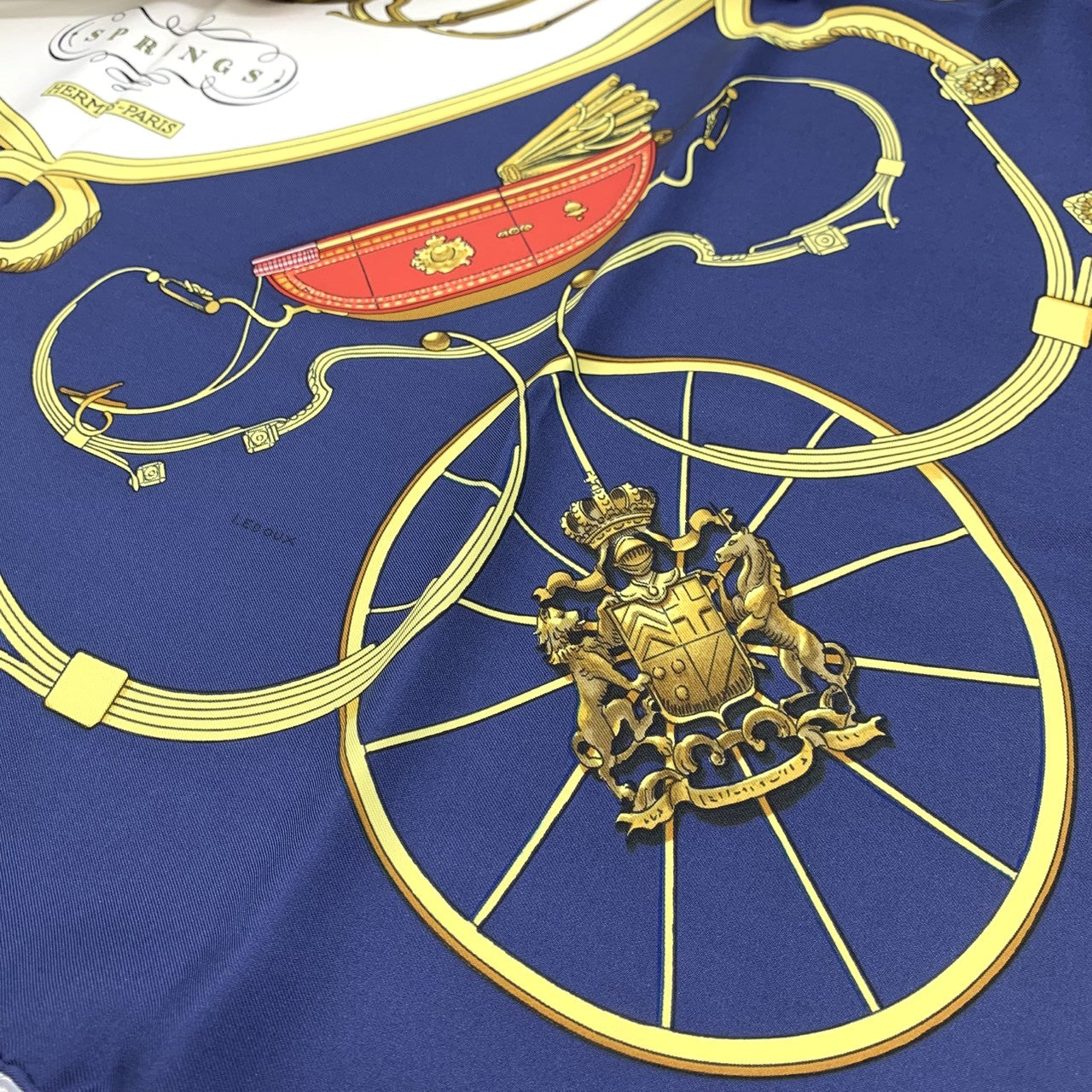 HERMES Carre 90 SPRINGS Scarf, Four-Wheeled Carriage, Silk, Navy, Women's Fashion Accessory