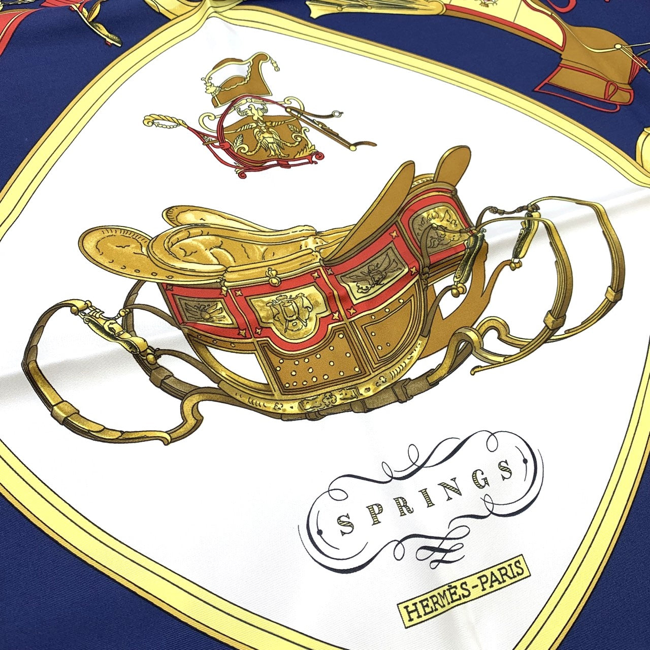 HERMES Carre 90 SPRINGS Scarf, Four-Wheeled Carriage, Silk, Navy, Women's Fashion Accessory