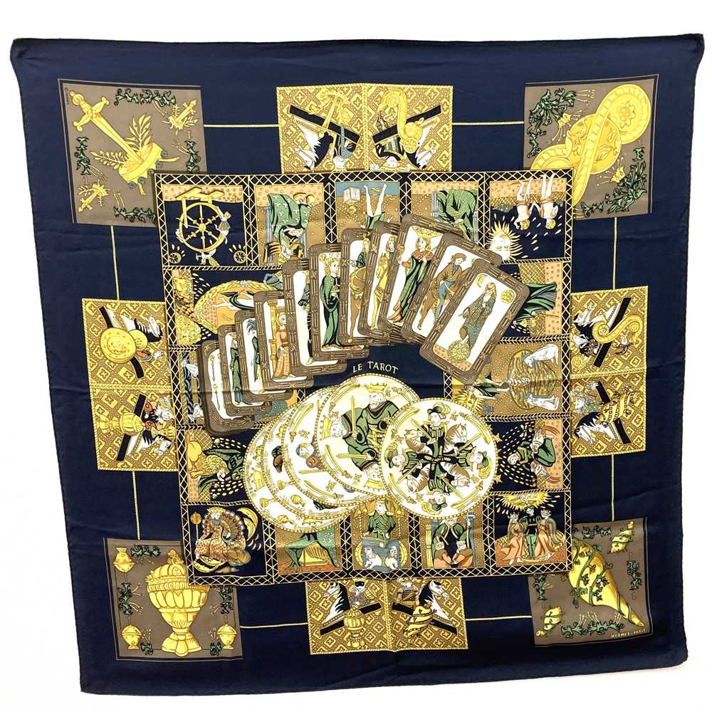 HERMES Carre 90 Scarf LE TAROT Tarot Card Silk Navy Women's