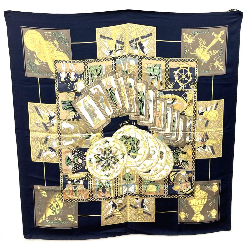 HERMES Carre 90 Scarf LE TAROT Tarot Card Silk Navy Women's