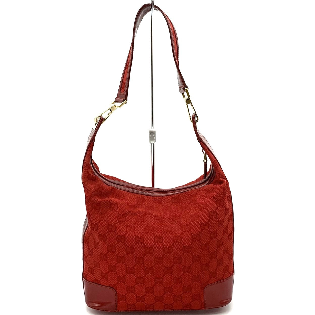 GUCCI 001 4204 Shoulder Bag GG Canvas Leather Red Women's