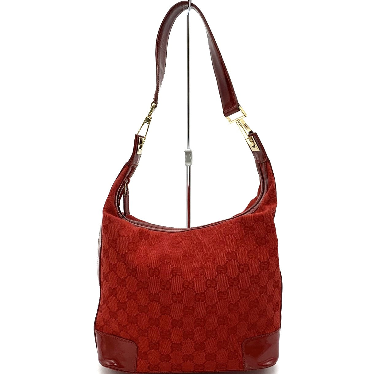 GUCCI 001 4204 Shoulder Bag GG Canvas Leather Red Women's