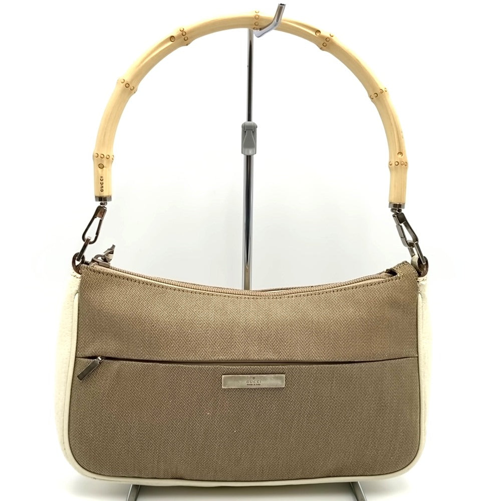 GUCCI 001 3865 Bamboo Handbag Accessory Pouch Canvas Leather Beige Women's