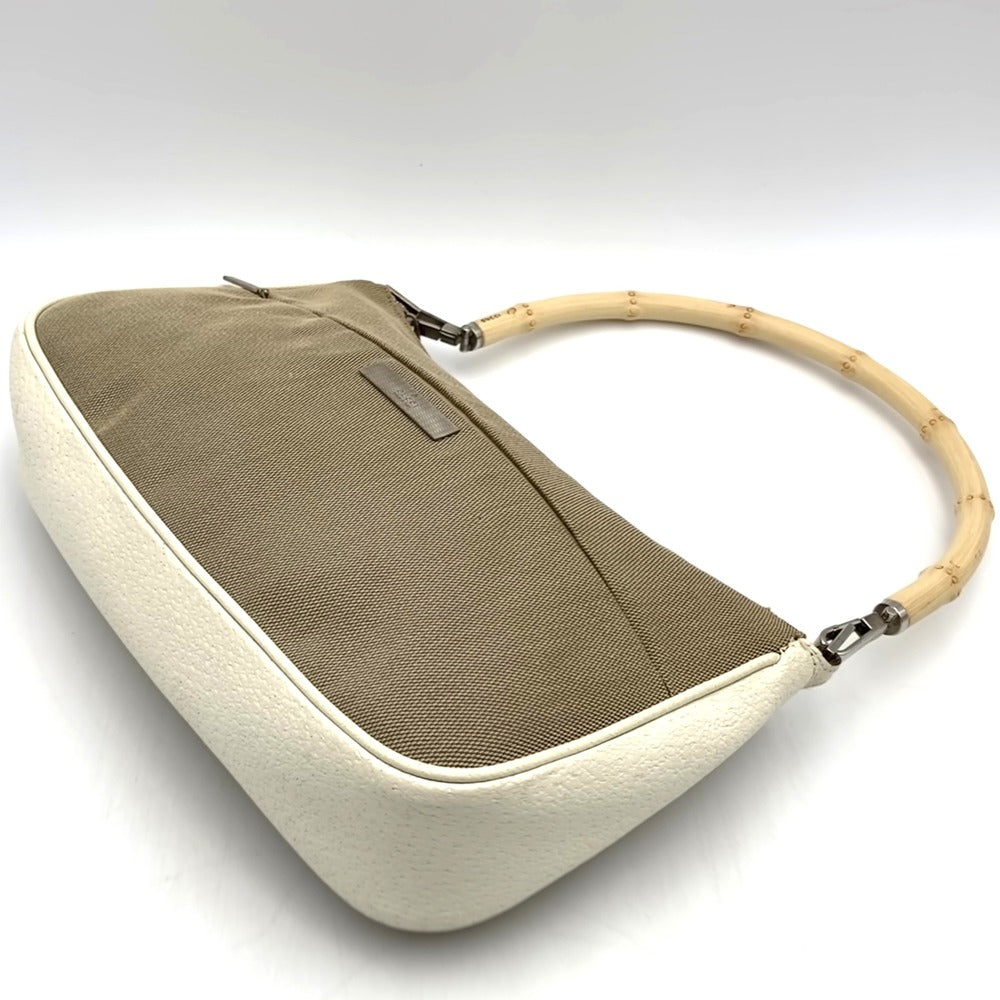 GUCCI 001 3865 Bamboo Handbag Accessory Pouch Canvas Leather Beige Women's