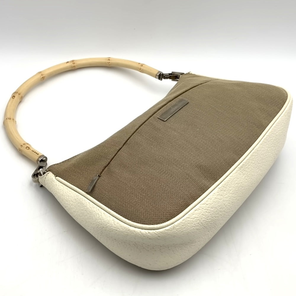 GUCCI 001 3865 Bamboo Handbag Accessory Pouch Canvas Leather Beige Women's