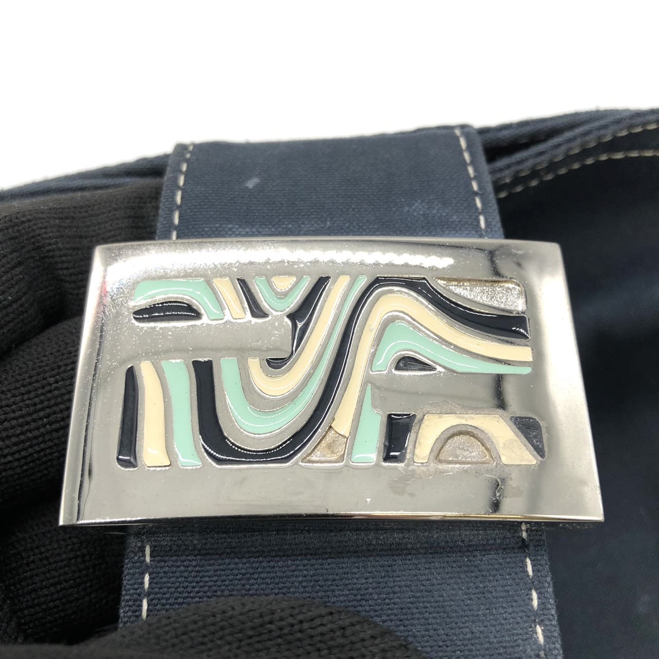 FENDI Mamma Bucket Marble Shoulder Bag Handbag Canvas Navy Denim Women's