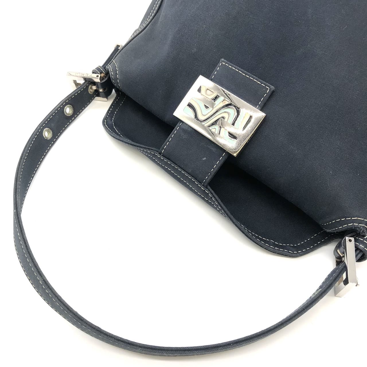 FENDI Mamma Bucket Marble Shoulder Bag Handbag Canvas Navy Denim Women's
