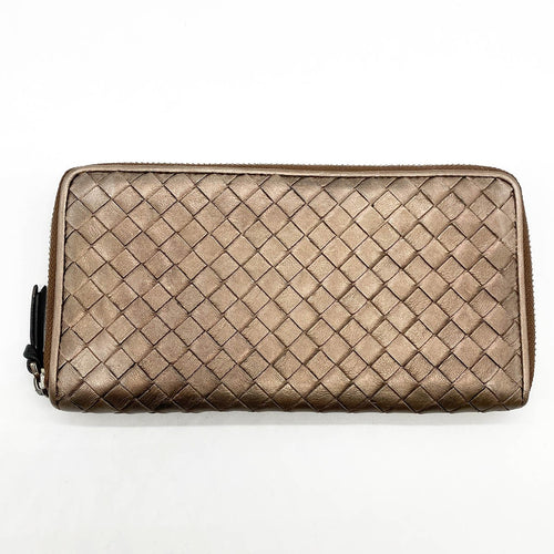 BOTTEGA VENETA Bottega Veneta Intrecciato Long Wallet, Round Zipper, Leather, Bronze, Brown, Gold, Women's Fashion