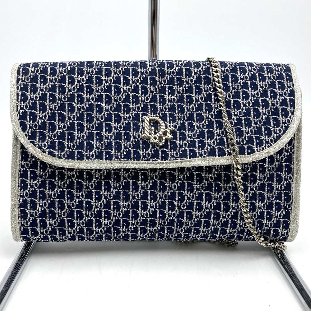 Christian Dior Chain Shoulder Bag, Lamé Canvas, Navy, Women's