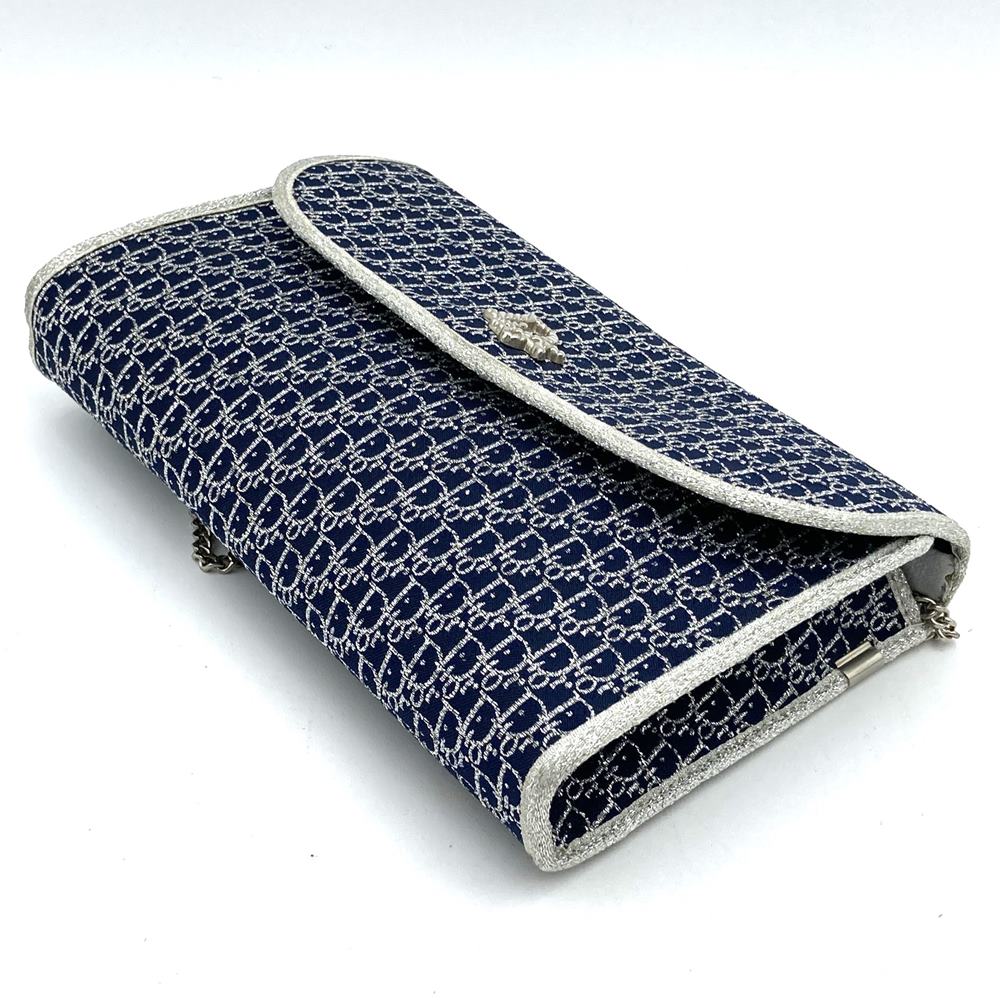 Christian Dior Chain Shoulder Bag, Lamé Canvas, Navy, Women's