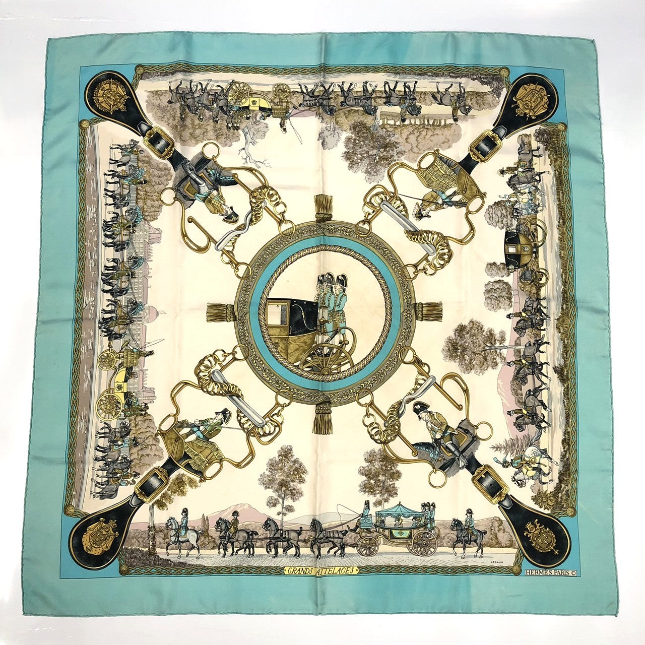 HERMES Carre 90 GRANDS ATTELAGES (Horses in Attire) Silk Scarf, Green, Women's