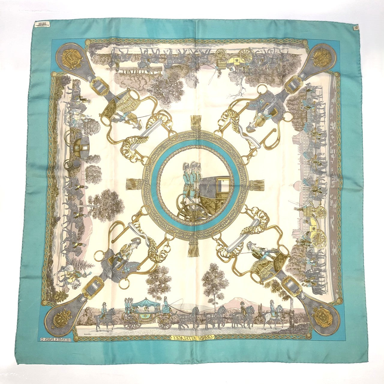 HERMES Carre 90 GRANDS ATTELAGES (Horses in Attire) Silk Scarf, Green, Women's