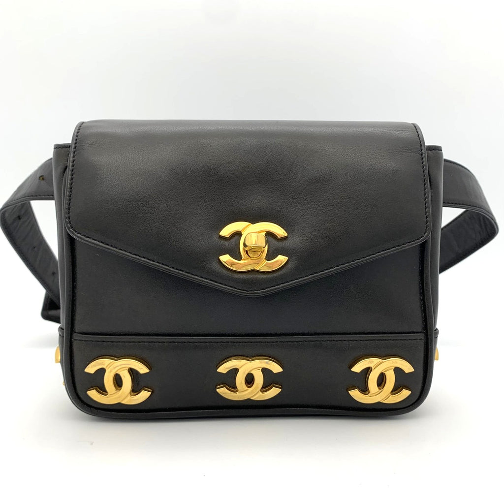 CHANEL Triple Coco Mark Leather Waist Bag, Black, Women's