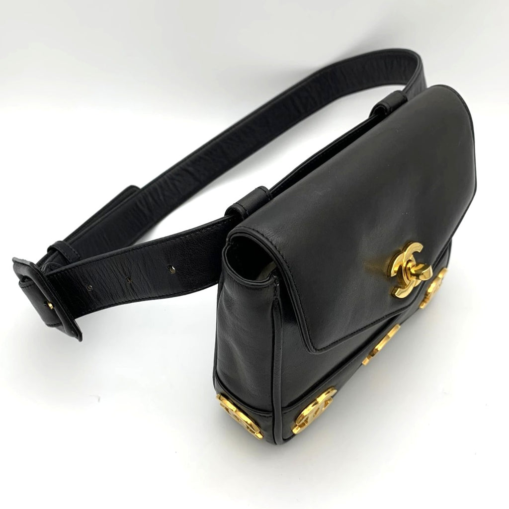 CHANEL Triple Coco Mark Leather Waist Bag, Black, Women's