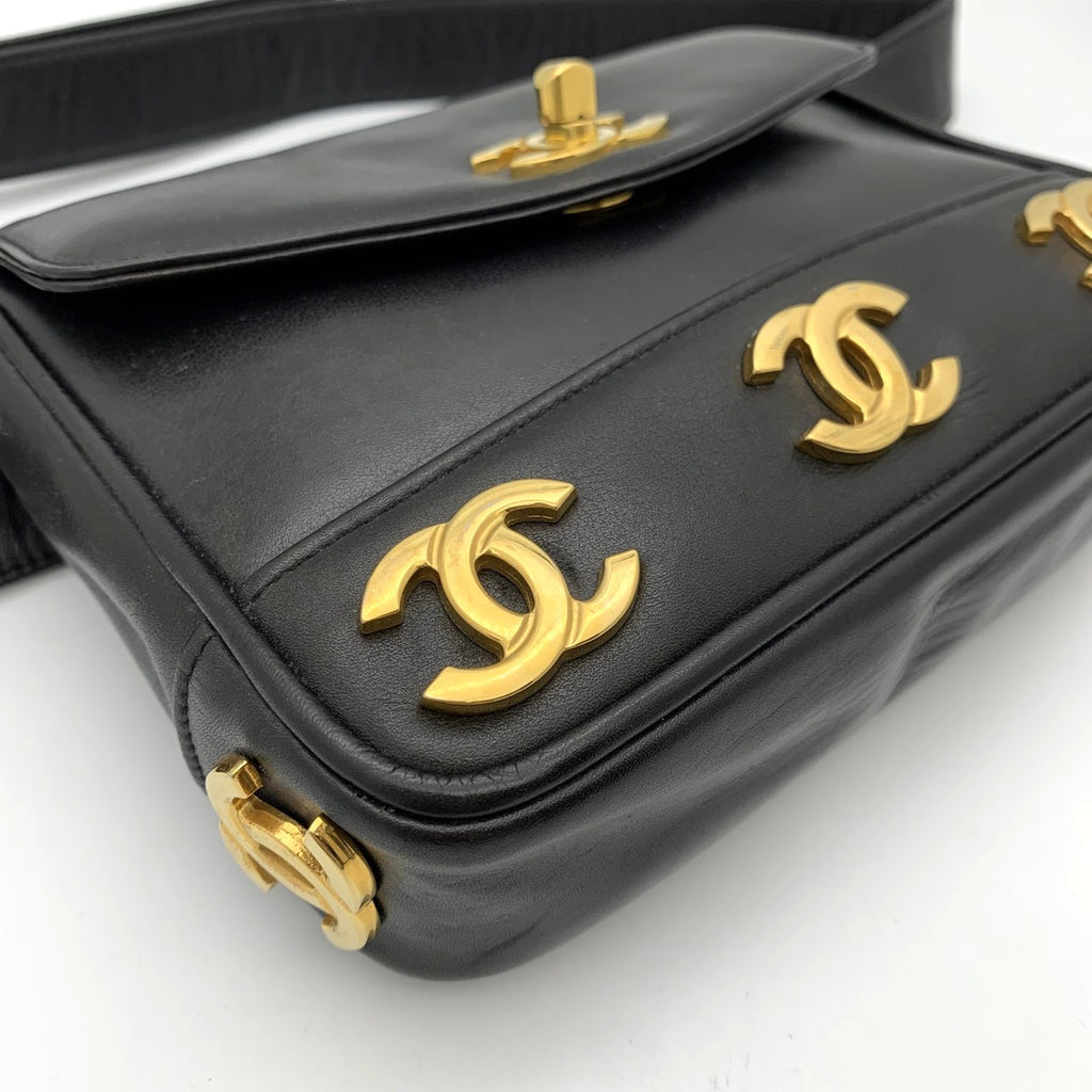 CHANEL Triple Coco Mark Leather Waist Bag, Black, Women's