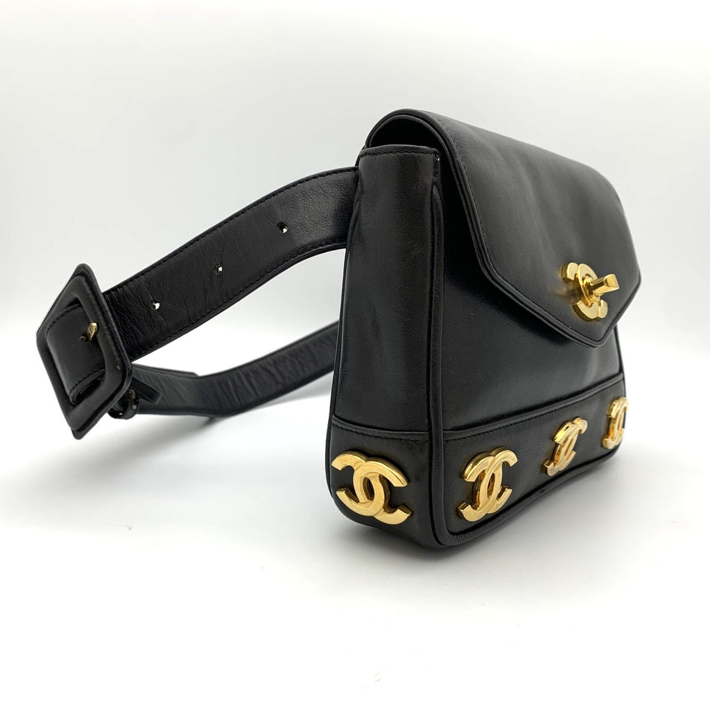 CHANEL Triple Coco Mark Leather Waist Bag, Black, Women's
