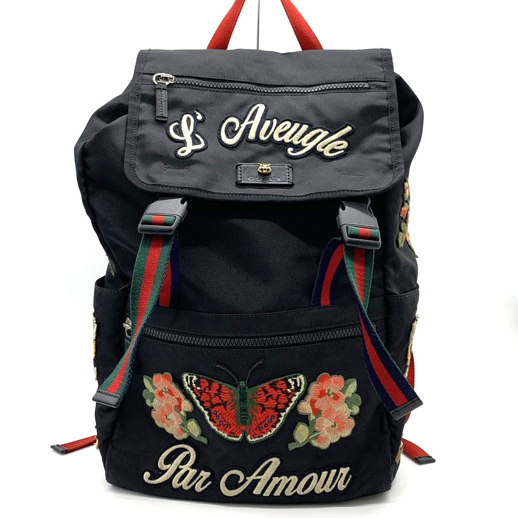 GUCCI 450982 バックパック/デイパック 刺繍入り猫の頭パッチ タイガー バタフライ フラワー ナイロン ブラック レディース＆メンズ【中古品】