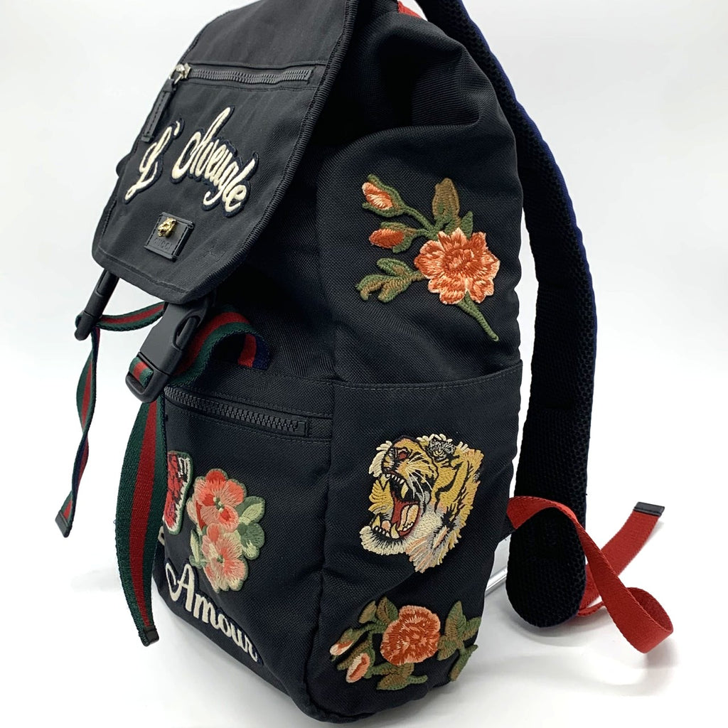 GUCCI 450982 バックパック/デイパック 刺繍入り猫の頭パッチ タイガー バタフライ フラワー ナイロン ブラック レディース＆メンズ【中古品】