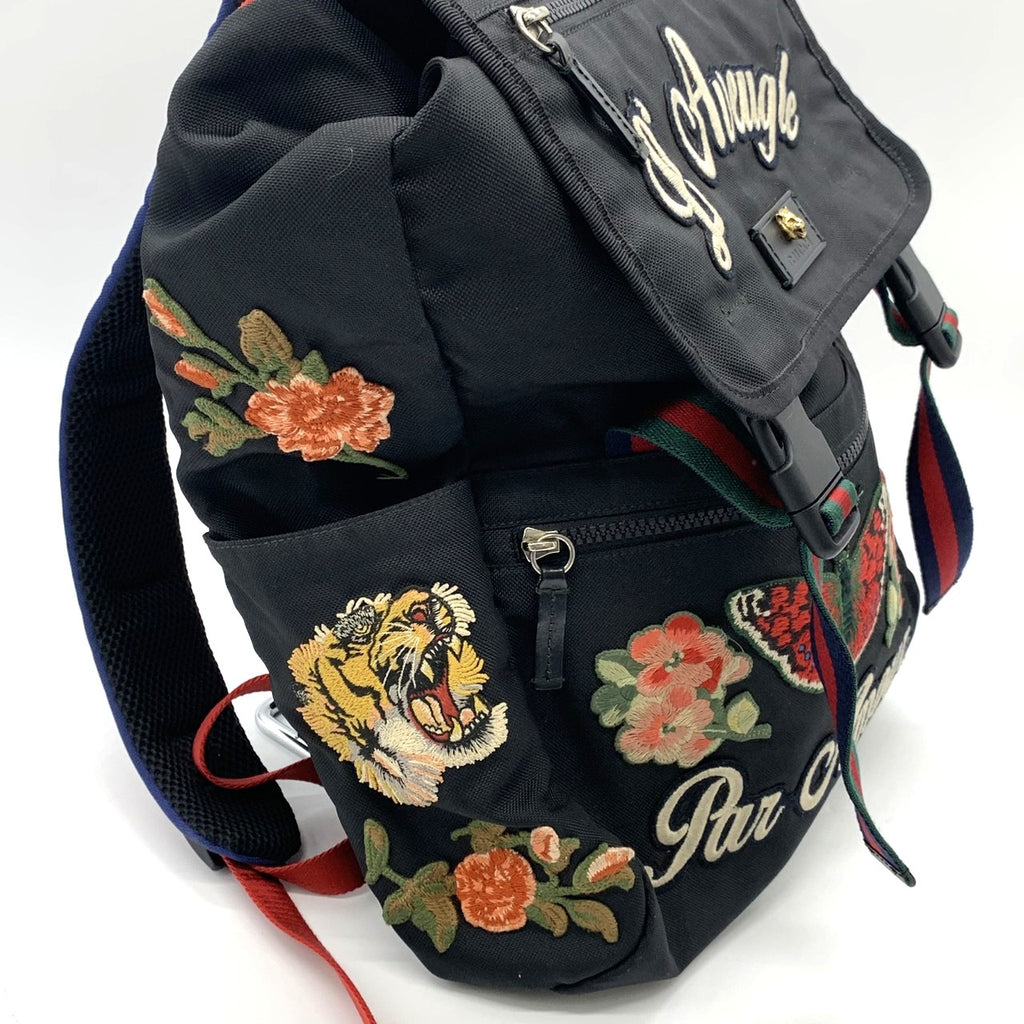 GUCCI 450982 バックパック/デイパック 刺繍入り猫の頭パッチ タイガー バタフライ フラワー ナイロン ブラック レディース＆メンズ【中古品】