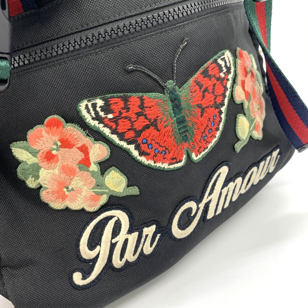 GUCCI 450982 バックパック/デイパック 刺繍入り猫の頭パッチ タイガー バタフライ フラワー ナイロン ブラック レディース＆メンズ【中古品】